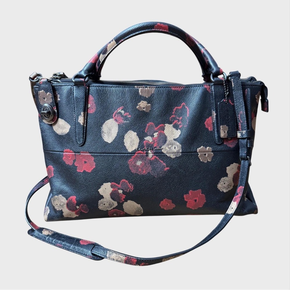 COACH 1930s Floral Print Leather Borough Bag Medium Satchel Black Red Turnlock
